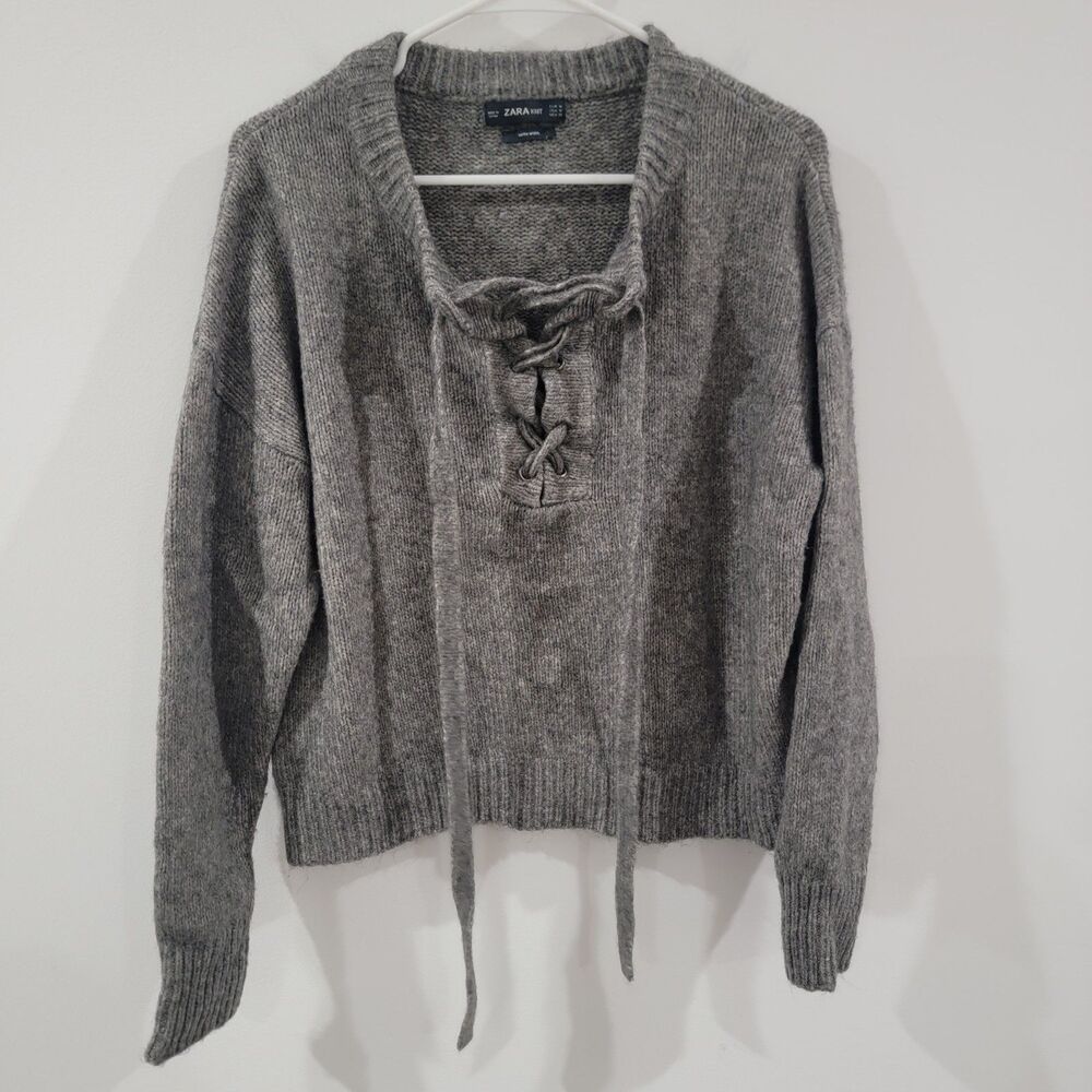 Zara Knit Womens‎ Wool Sweater Size Medium Gray Knit Lace Up Peasant Boho